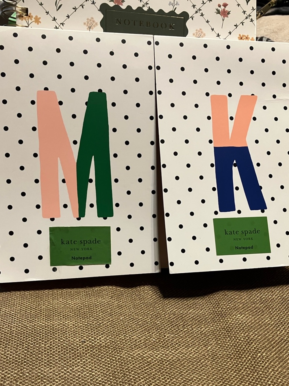 KATE SPADE* White Polka Dot Notepads with Pink, Green and Navy Graphic Letters
